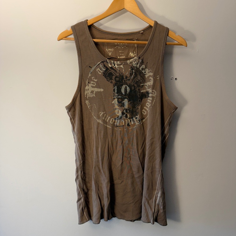 Guess Mens Brown Ribbed Graphic Tank Top Large Sleeveless Distressed Style